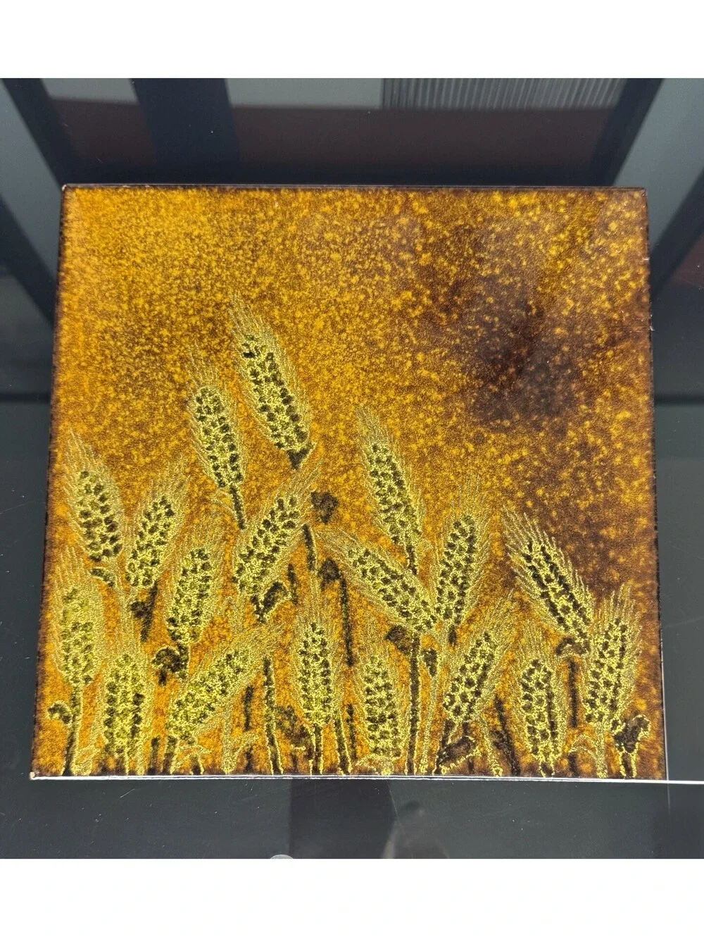 Vintage Mid Century Enamel Copper Wheat Trivet Tile Amber Brown 9 Inch MCM